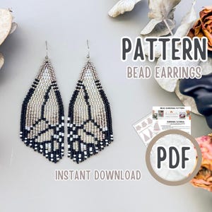 May include: A pair of wing-shaped beaded earrings featuring a black, white, and beige color scheme. The image includes text reading PATTERN BEAD EARRINGS, INSTANT DOWNLOAD, and PDF, alongside a small instructional document for creating the earrings.