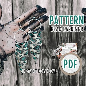 PDF Turquoise leopard long earrings, fringe earring pattern, Beaded hoop ethno jewelry for women, Handmade Seed bead earring Craft pattern