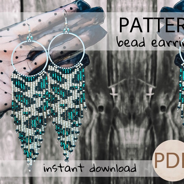 PDF Turquoise leopard long earrings, fringe earring pattern, Beaded hoop ethno jewelry for women, Handmade Seed bead earring Craft pattern