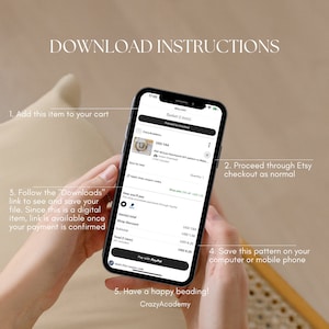 May include: A smartphone screen displays Etsy checkout instructions for a digital item. The screen shows a basket with a pattern, price, and payment options. Text on the screen includes steps for downloading the item after purchase. The background is a neutral beige.