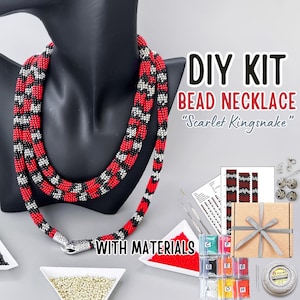 DIY KIT to Make Bead Crochet red snake necklace 150cm - Jewelry making KIT - Adult craft supply diy kit - long Rope Beadweaving Crafter Gift
