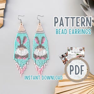 May include: A pair of beaded earrings with a bunny design. The earrings feature a light pink top, turquoise body, and pink fringe. The image includes the text "PATTERN BEAD EARRINGS" and "INSTANT DOWNLOAD".