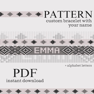 May include: A digital PDF pattern for a custom bracelet with the name "EMMA". The design features a repeating geometric pattern in black, gray, and white, with the text "PATTERN" and "instant download".