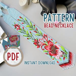 May include: A light blue beaded necklace pattern with a floral design in red, green, and white. The text "PATTERN BEAD NECKLACE" and "INSTANT DOWNLOAD" are visible. A PDF icon is also present.