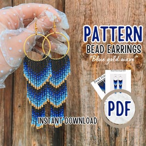 PDF Black blue chandelier Bead Fringe Earrings, Ombre beaded long hoop Earring Pattern, Earring making Craft, Bead Brick stitch tutorial
