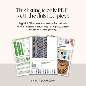 Puede incluir: Un tutorial PDF descargable para crear un brazalete de cuentas. El tutorial incluye patrones de colores e instrucciones para hacer un brazalete con cuentas azules, doradas y blancas. La imagen muestra un primer plano del dise&ntilde;o del brazalete y una parte del tutorial.