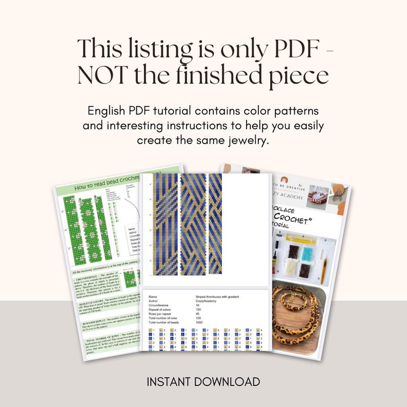 Puede incluir: Un tutorial PDF descargable para crear un brazalete de cuentas. El tutorial incluye patrones de colores e instrucciones para hacer un brazalete con cuentas azules, doradas y blancas. La imagen muestra un primer plano del dise&ntilde;o del brazalete y una parte del tutorial.