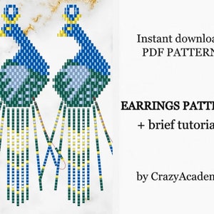 PDF Bead Peacock Fringe Earring Pattern, Seed Bead blue bird Earrings Pattern, Bead weaving PDF digital pattern, Brick stitch tutorial