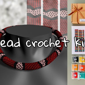May include: A bead crochet kit with red, black, and pink beads. The kit includes a pattern, beads, needles, and thread. "Bead crochet kit" is written in white text on a black background.