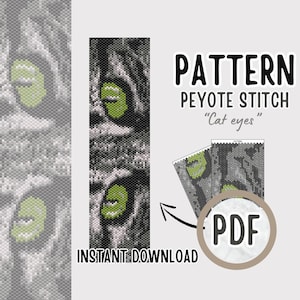 PDF Witte kat met groene ogen Peyote kralenarmband, DIY dierenarmband met kralenpatroon, kralenhandleiding, sieraden maken, bladwijzer, kralenarmband
