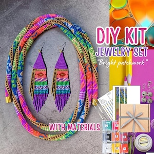 KIT to Make 150cm Pink patchwork Necklace - Bead Crochet rope pattern - craft supply jewelry making kit - diy colorful long seed bead lariat