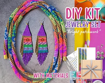 KIT to Make 150cm Pink patchwork Necklace - Bead Crochet rope pattern - craft supply jewelry making kit - diy colorful long seed bead lariat