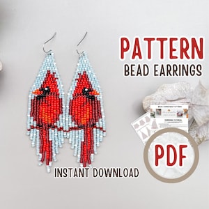 May include: Beaded earrings pattern featuring a cardinal bird design in red, black, and orange, with a light blue border. The earrings are displayed with the text "PATTERN BEAD EARRINGS" and "INSTANT DOWNLOAD". A PDF icon is also visible.