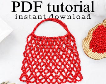初心者向けPDFビーズバッグチュートリアル、簡単なビーズの夏用赤ビーズハンドバッグ、DIYチュートリアル、自分で作るパターン、ビーズバッグクラフトチュートリアル