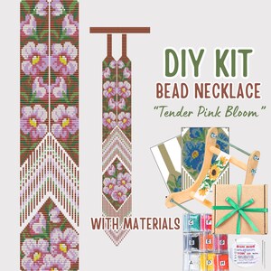 May include: DIY bead necklace kit with materials, featuring a design of pink flowers. The kit includes beads, thread, and instructions. The kit is packaged in a brown box with a green ribbon.