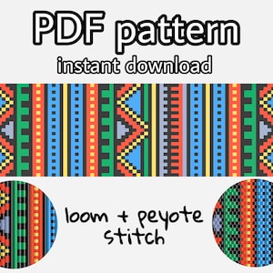 May include: A digital PDF pattern for a colourful geometric design. The pattern is suitable for loom and peyote stitch. The image shows a sample of the pattern in a circle.