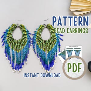 May include: A digital download pattern for beaded earrings. The earrings are green, blue, and white. The pattern is available as a PDF download. The text on the image reads "PATTERN BEAD EARRINGS INSTANT DOWNLOAD PDF".