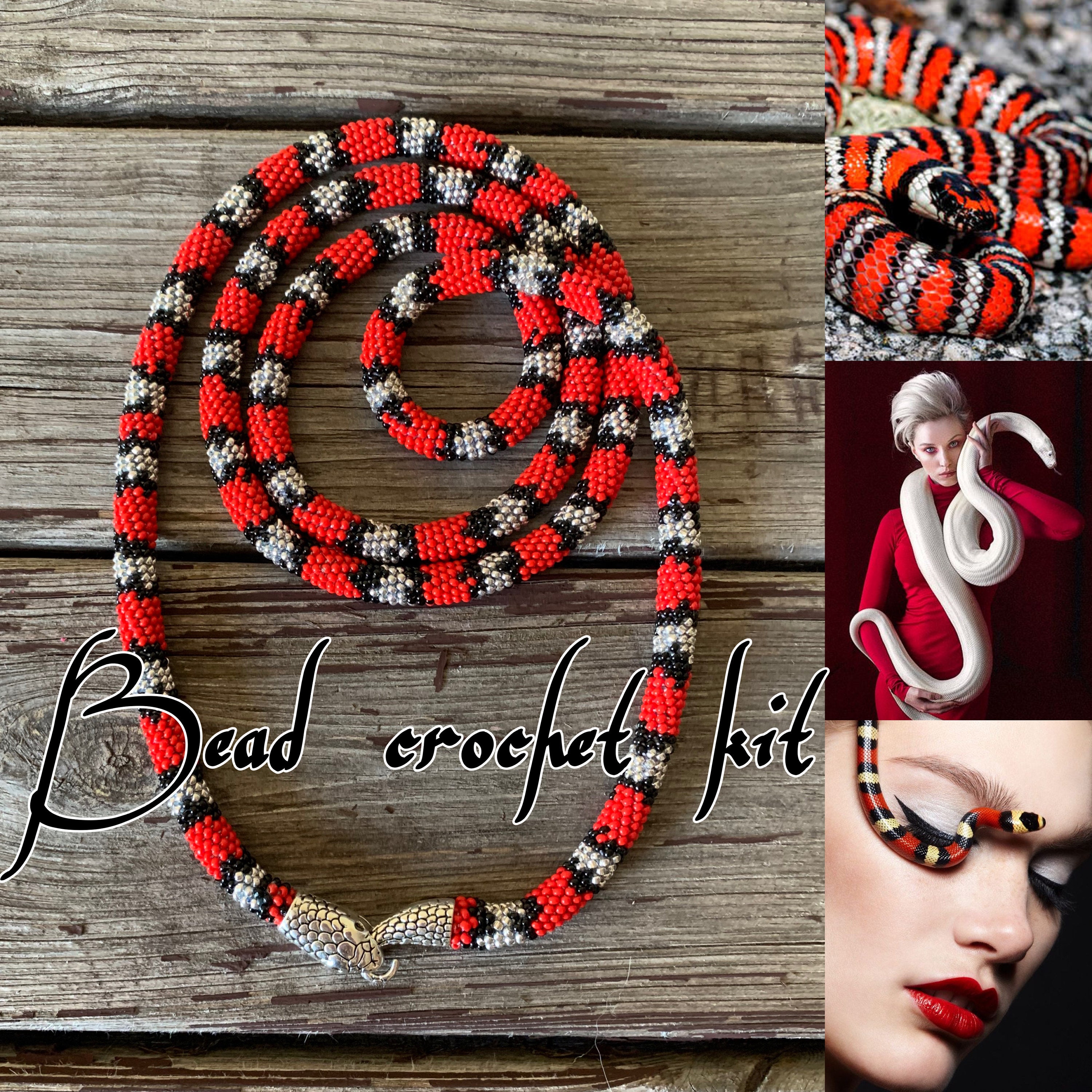 KIT to Make Bead Crochet Black Rope Necklace Bracelet Red Flowers Crochet  Seed Beaded Rope Jewelry Making KIT DIY Adult Craft 