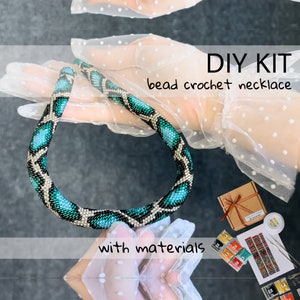 KIT to Make Bead Crochet Azure blue snake necklace and bracelet - Jewelry making Adult Craft - diy Rope Jewelry Beadweaving Crafter Gift