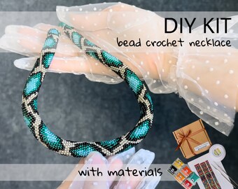 KIT to Make Bead Crochet Azure blue snake necklace and bracelet - Jewelry making Adult Craft - diy Rope Jewelry Beadweaving Crafter Gift