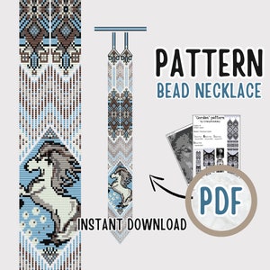 May include: A digital download pattern for a beaded necklace featuring a white horse design. The pattern is called "Gerdan" and is by CrazyBeadsAcademy. The pattern is available in PDF format.