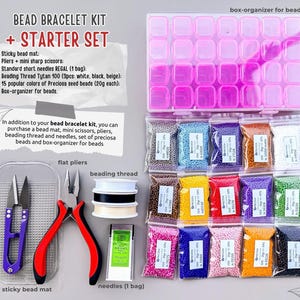 May include: A bead bracelet kit with a starter set. The kit includes a sticky bead mat, mini sharp scissors, standard short needles, beading thread, and a box organizer for beads. The starter set includes 15 popular colors of Preciosa seed beads, each in a 20 gram bag.