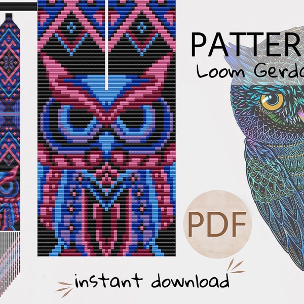 PDF Neon hibou Bead Gerdan collier pattern, perle de rocaille Bird Animal hibou Pattern tutorial, Blue Pink Owl Bead Split Loom pattern, hibou amant cadeau