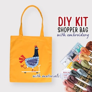 May include: DIY kit for a shopper bag with embroidery. The bag is yellow with a design of a chicken on a skateboard. The kit includes embroidery floss, beads, and instructions.
