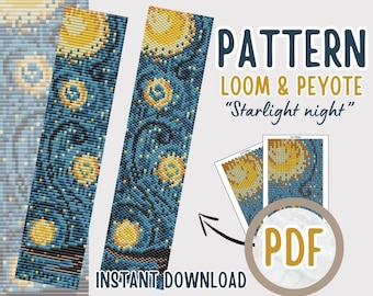 Pulseira de miçangas em tear com técnica peyote em PDF - Faça você mesmo: Noite Estrelada - Tutorial de miçangas - Bijuteria inspirada em Noite Estrelada - Artesanato para adultos - Favoritos