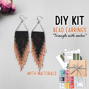 May include: DIY kit for making beaded earrings with an ombre effect. The kit includes all the materials needed, including beads, thread, and earring findings. The earrings are designed in a triangle shape with a black and peach ombre color scheme. The kit also includes instructions for making the earrings.