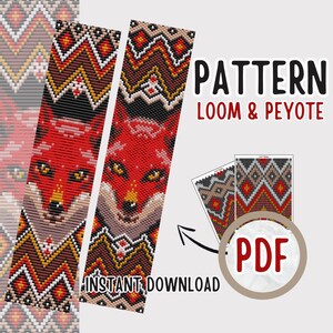 Patrón PDF de telar de cuentas de zorro + Peyote, patrón de pulsera de animales con cuentas, tutorial de pulsera de telar de cuentas pequeñas, patrón de marcapáginas de zorro con cuentas DIY