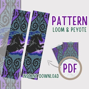 Könnte beinhalten: Ein digitales PDF-Muster für Webrahmen- und Peyote-Perlenstickerei mit einem sich wiederholenden Design aus schwarzen Pferden vor einem violetten und blauen Hintergrund mit geometrischen Motiven. Der Text lautet PATTERN LOOM & PEYOTE und INSTANT DOWNLOAD.