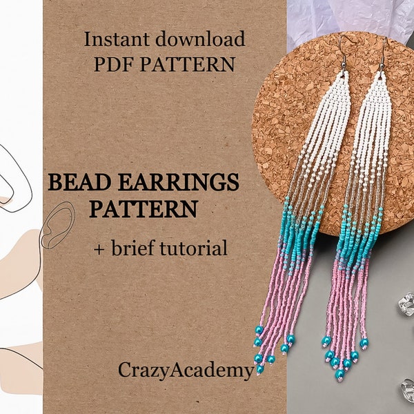 PDF Long Ombre Pink blue Bead Fringe Earrings pattern, Long feather Earrings Pattern, Jewelry making Adult Craft gift, Brick stitch tutorial