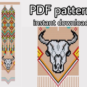 May include: A beaded pattern for a beaded necklace or bracelet featuring a skull with horns and geometric designs in red, yellow, blue, white, and black. The pattern is for a PDF download.