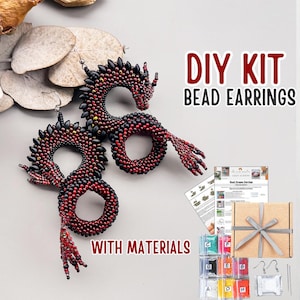 DIY Red Dragon Bead Earrings Kit, Black Dark Red Japanese Dragon Reptile Jewelry, Gothic Beading Tutorial, Craft Gift for Adults