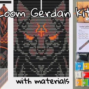 May include: A loom beading kit with all the materials needed to create a black and orange beaded necklace with a cat design. The kit includes beads, thread, and instructions. The kit is labelled "Loom Gerdan Kit" and "with materials".