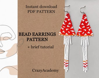 PDF Bead Mushroom fringe Earrings pattern, Boho Red Mushroom earring, Craft brick stitch earring tutorial, Beadwork Fly agaric Pattern