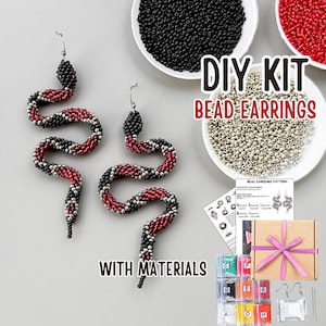 May include: DIY bead earring kit with materials. The kit includes a pattern, beads in various colors, and earring findings. The earrings are designed to look like snakes with red, black, and silver beads.