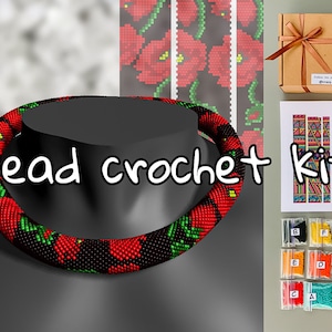 DIY Black poppy Bead Crochet necklace kit - How to make bead red flower necklace - Crochet beadweaving kit - Jewelry making beadwork pattern