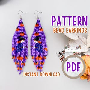 May include: A pair of beaded earrings in a Halloween theme. The earrings are purple with orange and black accents, and feature a witch design. The text "PATTERN BEAD EARRINGS" and "INSTANT DOWNLOAD" are visible.