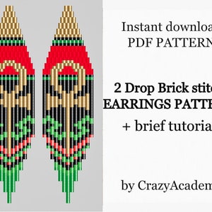 May include: A digital download pattern for beaded earrings. The earrings are made with black, gold, red, and green beads in a 2-drop brick stitch pattern. The pattern includes a brief tutorial. Instant download PDF pattern.  2 Drop Brick stitch EARRINGS PATTERN + brief tutorial by CrazyAcademy
