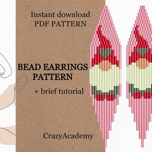 May include: A digital PDF pattern for bead earrings. The design features two beaded earrings in the shape of gnomes, with red hats, white beards, and pink bodies. The text on the image reads "Instant download PDF PATTERN" and "BEAD EARRINGS PATTERN + brief tutorial."