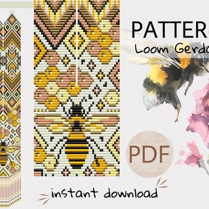May include: A digital download pattern for a loom-woven beaded necklace featuring a bee and floral design. The pattern is available in PDF format and includes instructions for creating the necklace. The image also shows a watercolor illustration of a bee and flowers.