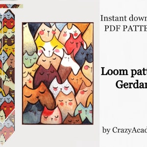 May include: A colorful loom pattern for a cat-themed beaded necklace or bracelet. The pattern features a variety of cats in different colors and poses. The pattern is called "Gerdan" and is by CrazyAcademy.