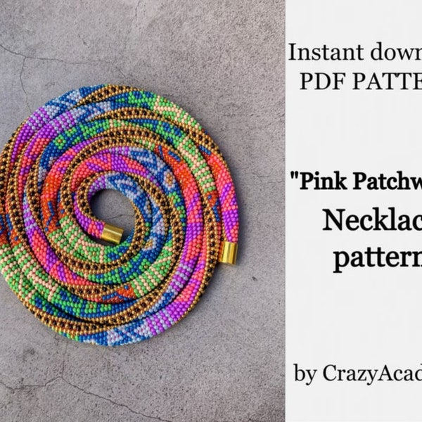 PDF Pink patchwork Necklace pattern - Bead Crochet rope pattern - colorful bead lariat pattern - instant download - bead crochet tutorial