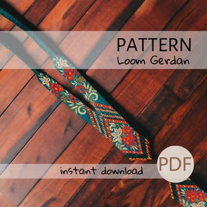 May include: A teal loom gerdan pattern with floral and geometric designs in red, orange, and gold. The text "PATTERN Loom Gerdan" is displayed above the gerdan. The words "instant download" and a PDF icon are also visible.