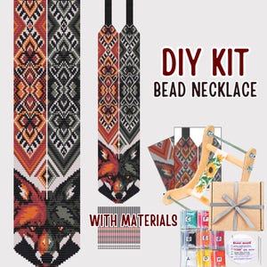 Könnte beinhalten: DIY-Perlenketten-Set mit Materialien. Das Bild zeigt zwei Perlenketten-Designs mit geometrischen Mustern und einem Fuchskopf. Das Set enthält Perlen, einen Holzwebrahmen und eine Geschenkbox. Der Text auf dem Bild lautet "DIY KIT BEAD NECKLACE WITH MATERIALS."