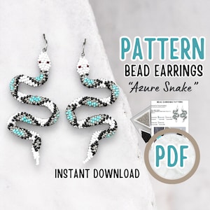 May include: A digital download pattern for bead earrings in the shape of a snake. The snake is white with black and turquoise accents. The pattern is called "Azure Snake" and is available as a PDF.