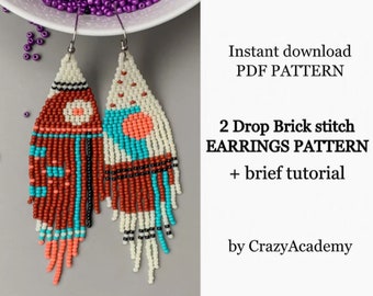 PDF Boho abstract brown pink Fringe Beading Earrings, simple abstract Bead Earrings Pattern, Bead Jewelry making pattern Craft for beginner