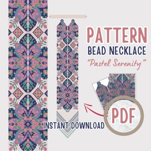 Puede incluir: Un patrón digital para un collar de cuentas, con un diseño simétrico en colores pastel. El texto dice "PATTERN BEAD NECKLACE 'Pastel Serenity'" y "INSTANT DOWNLOAD", con un icono PDF.